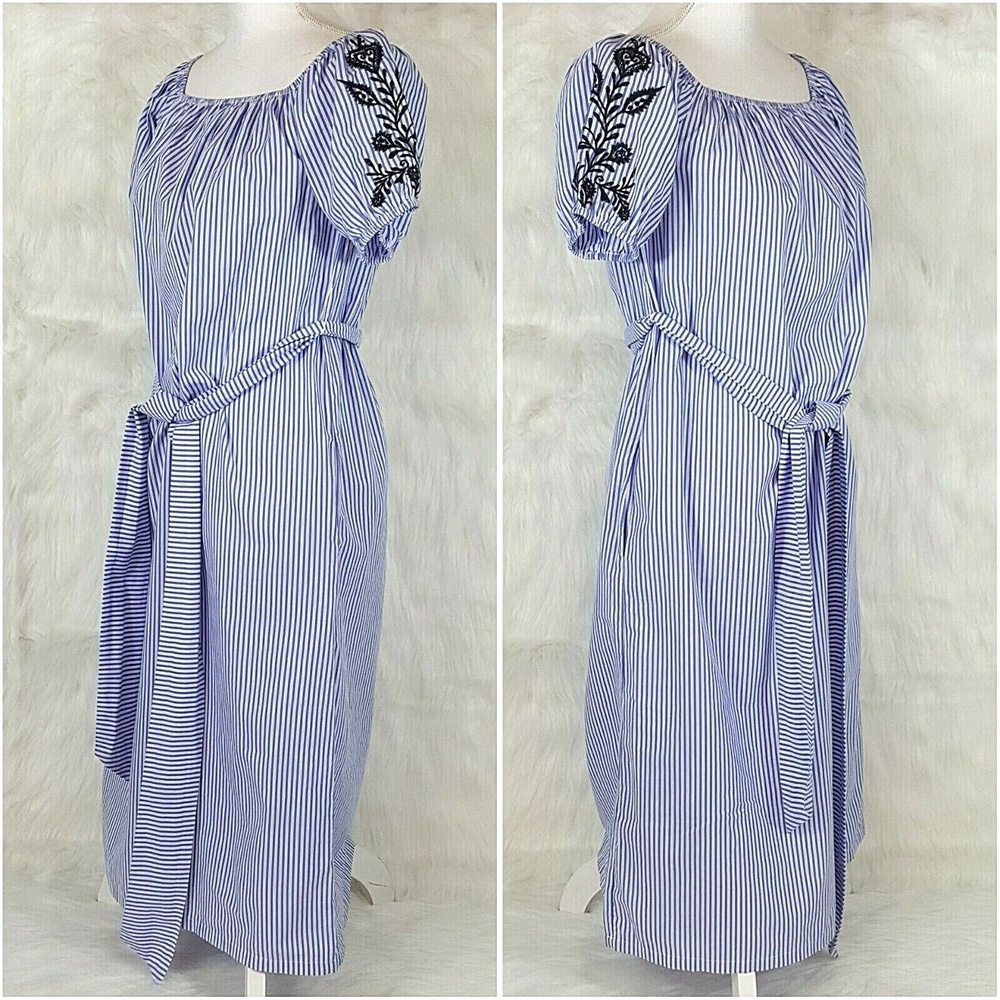 Who What Wear Womens Shift Dress Size XS Blue Striped Embroidered Off Shoulder